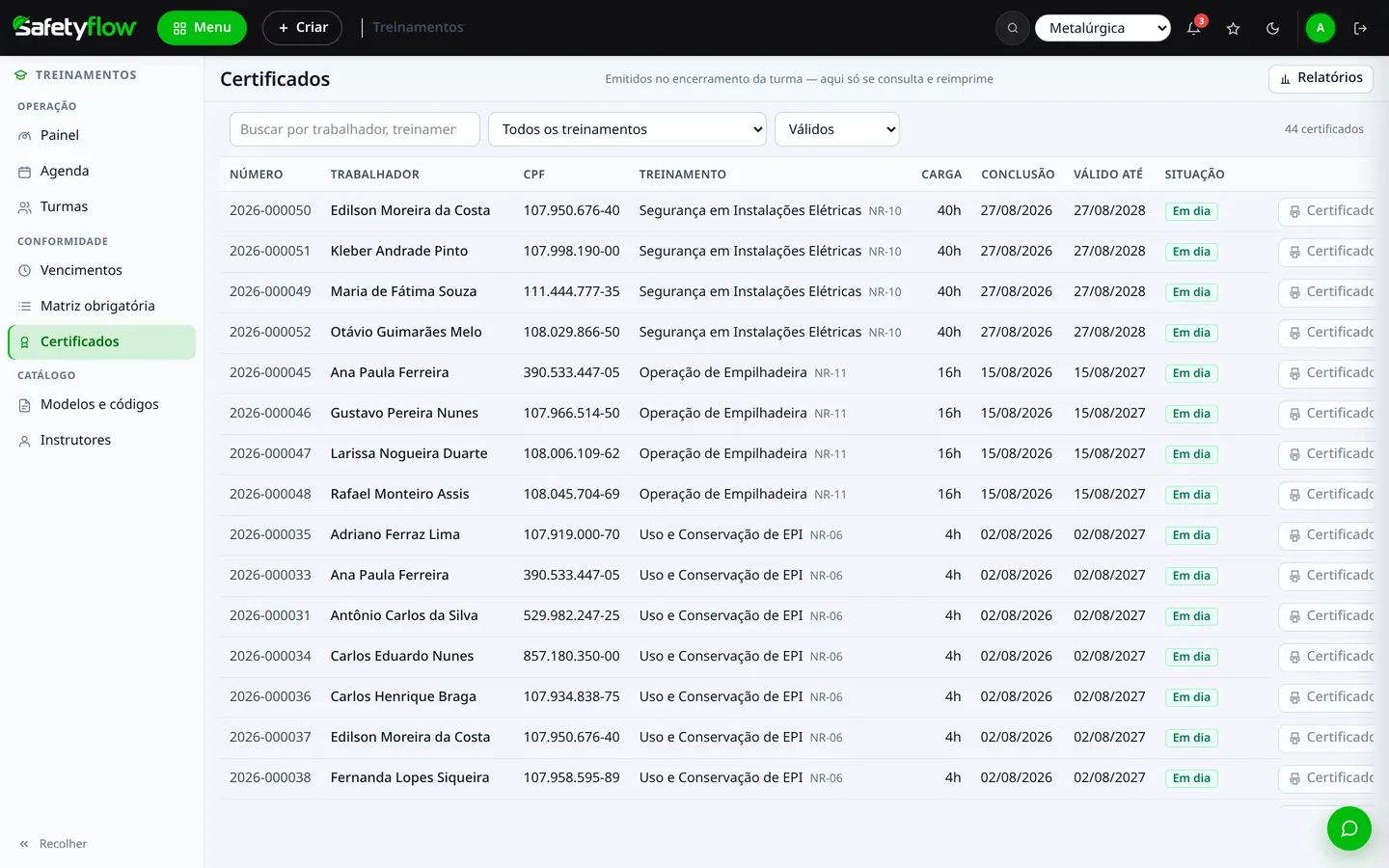 Certificados — Safety Flow